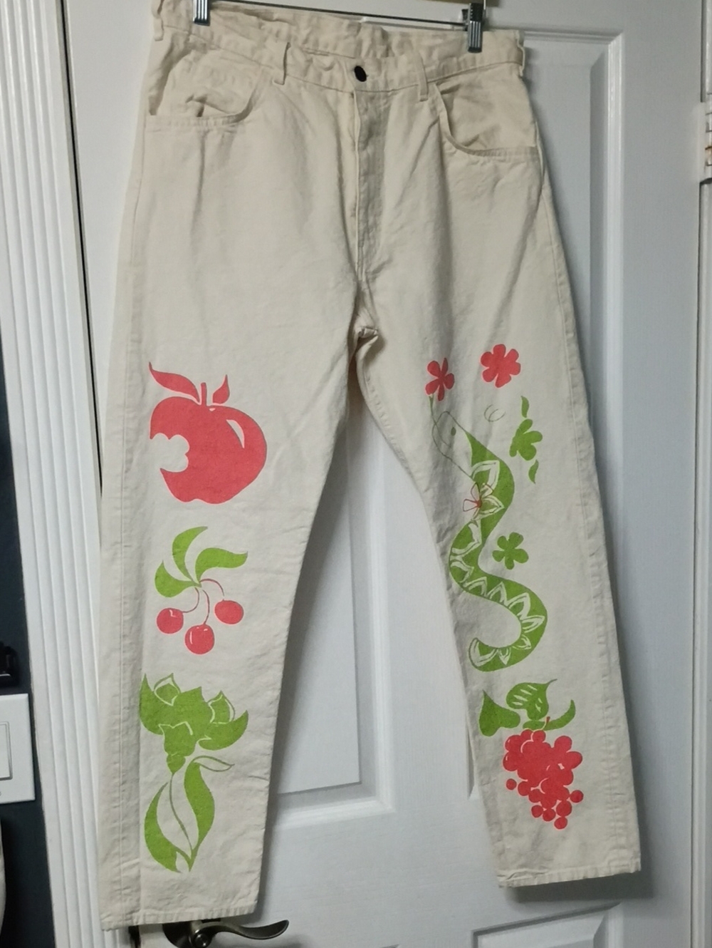 Levi's Cream Pants with Red & Green Graphic Fruit Prints